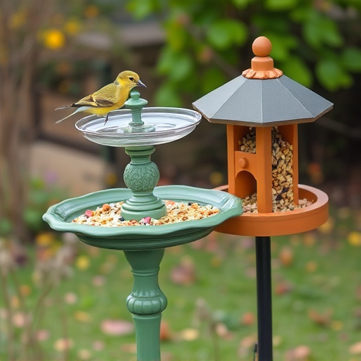 Birdbath beside feeder with seed mix
