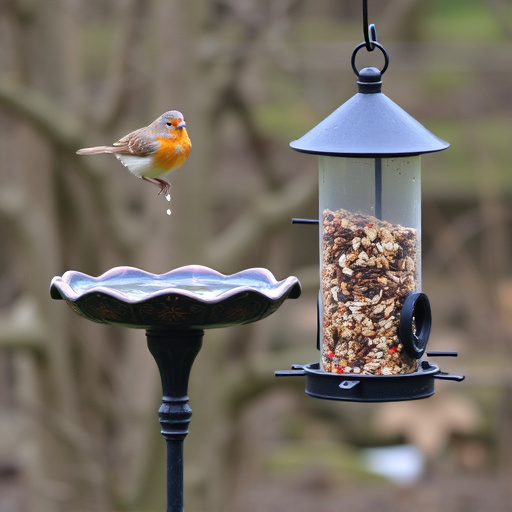 Birdbath beside feeder with seed mix