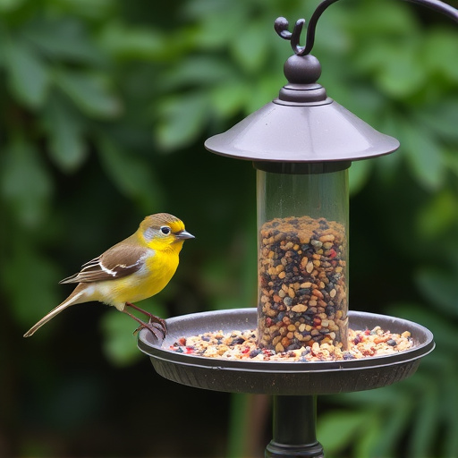 Birdbath beside feeder with seed mix