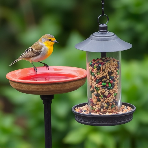 Birdbath beside feeder with seed mix