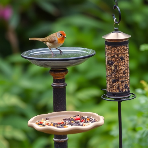 Birdbath beside feeder with seed mix