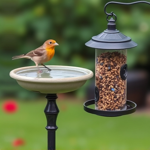 Birdbath beside feeder with seed mix