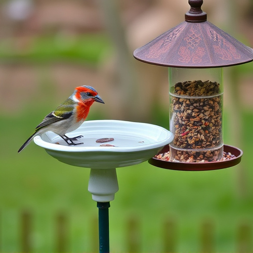 Birdbath beside feeder with seed mix
