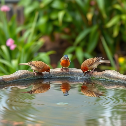 Birdbath with birds drinking water
