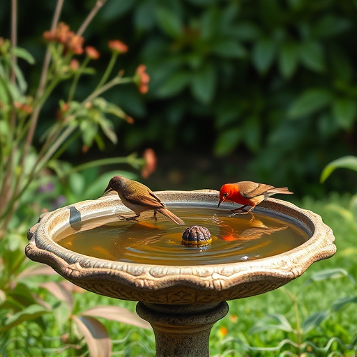 Birdbath with birds drinking water