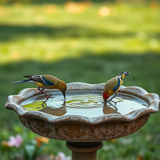 Birdbath with birds drinking water