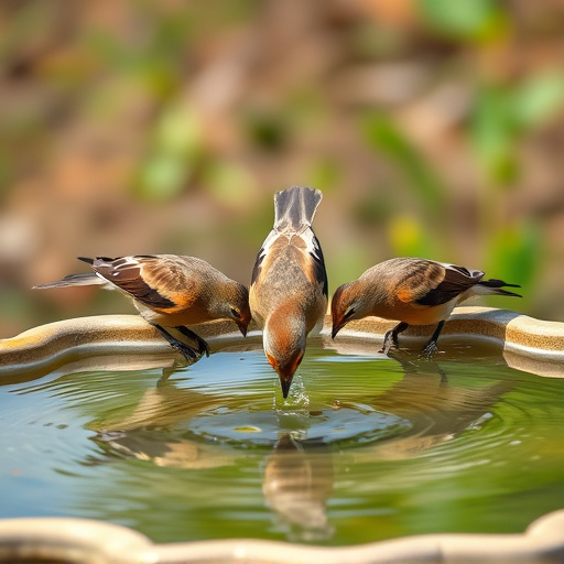 Birds drinking from clean bird bath