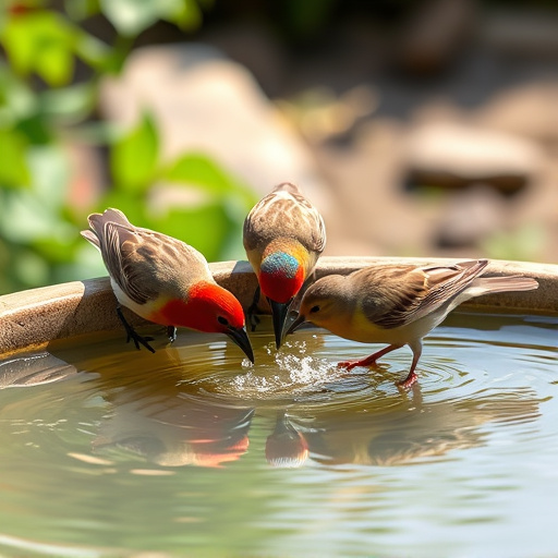 Birds drinking from clean bird bath