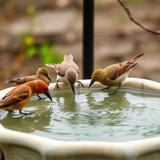 Birds drinking from clean bird bath