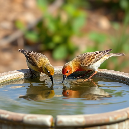 Birds drinking from clean bird bath