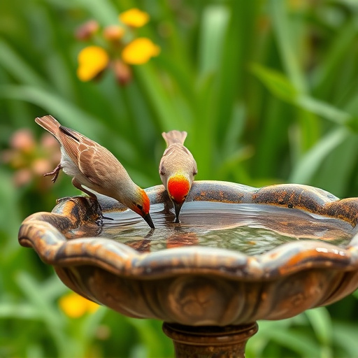Birds drinking from clean bird bath