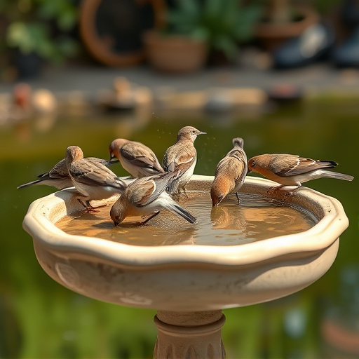 Birds drinking from clean bird bath