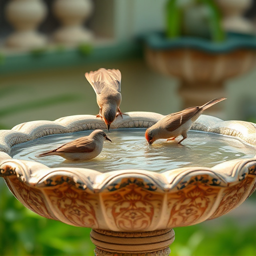 Birds drinking from clean bird bath