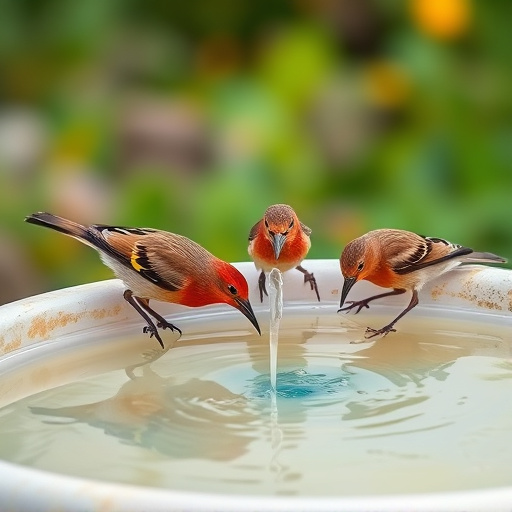 Birds drinking from clean bird bath