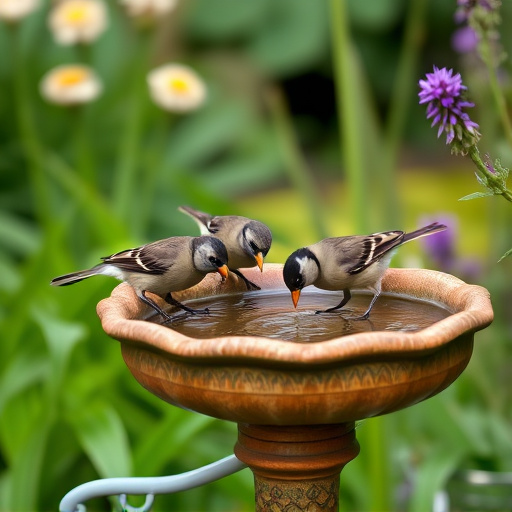 Birds drinking from garden water dish