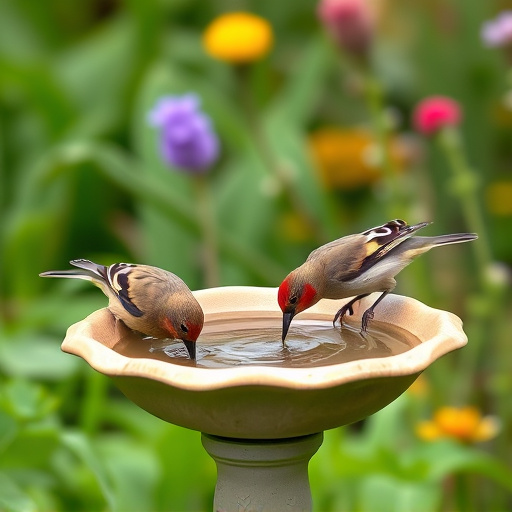 Birds drinking from garden water dish