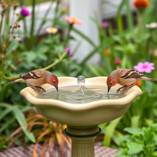 Birds drinking from garden water dish