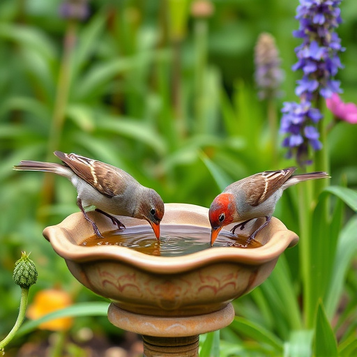 Birds drinking from garden water dish