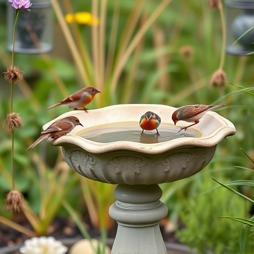 Birds drinking from garden water dish