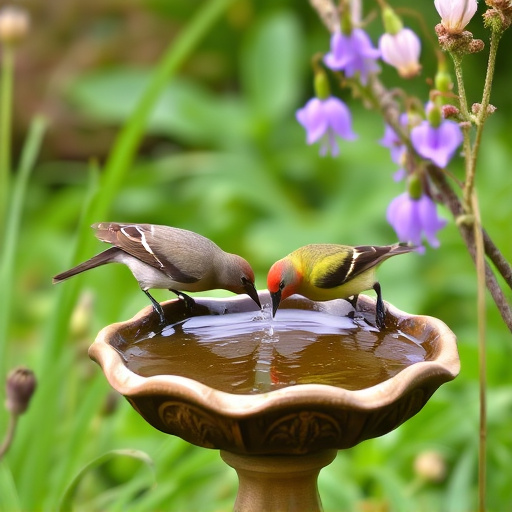 Birds drinking from garden water dish