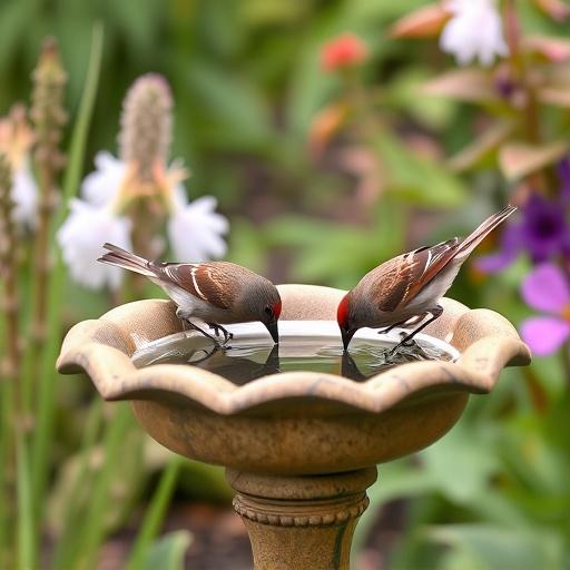 Birds drinking from garden water dish
