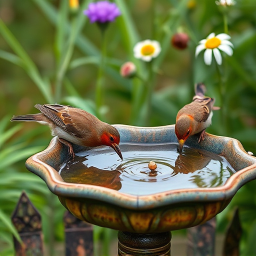Birds drinking from garden water dish