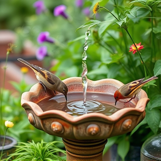 Birds drinking from garden water dish