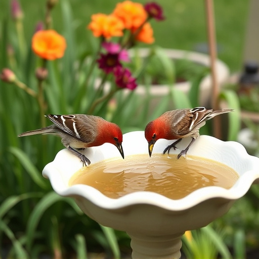 Birds drinking from garden water dish