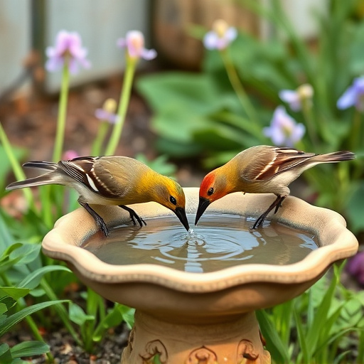 Birds drinking from garden water dish