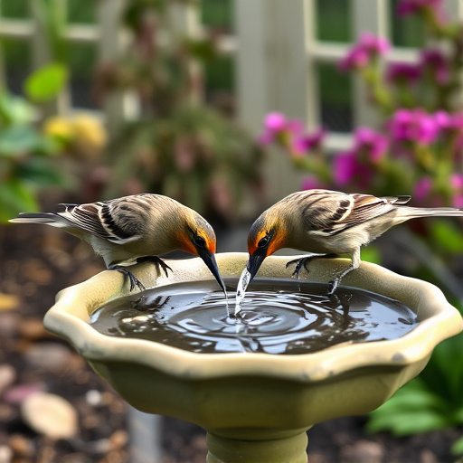 Birds drinking from garden water dish