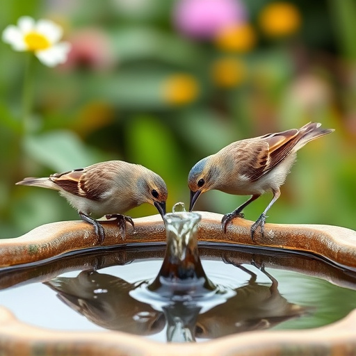 Birds drinking from garden water dish