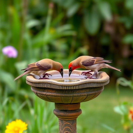 Birds drinking from garden water dish