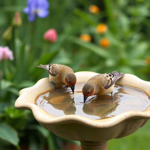 Birds drinking from garden water dish