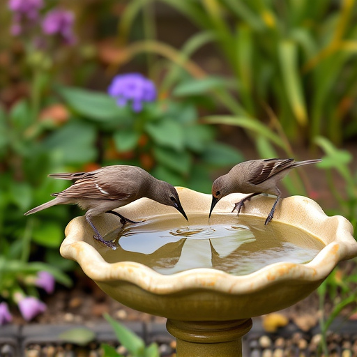 Birds drinking from garden water dish