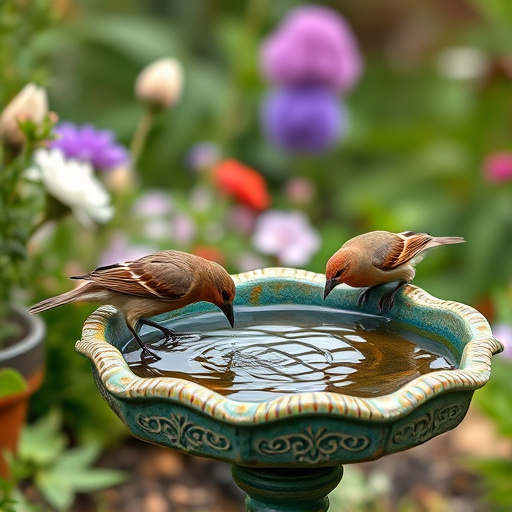 Birds drinking from garden water dish