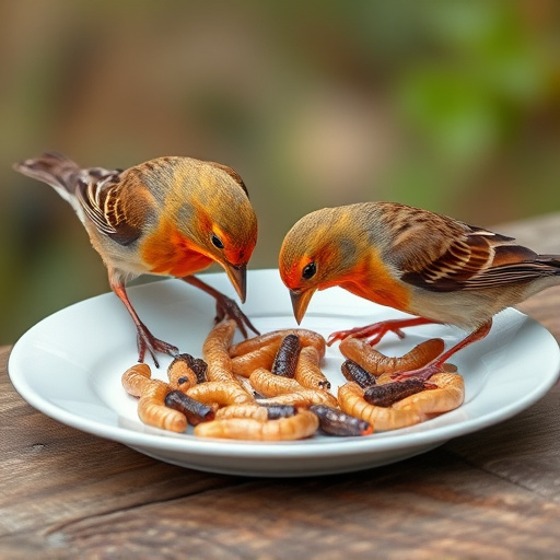 Birds eating mealworms on plate