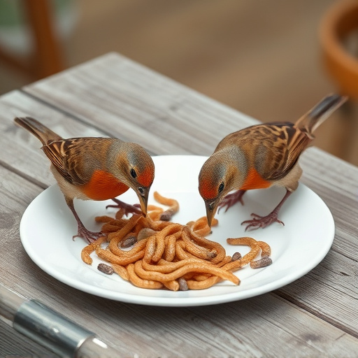Birds eating mealworms on plate