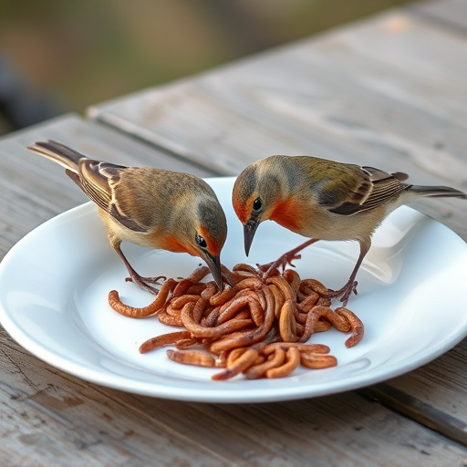 Birds eating mealworms on plate