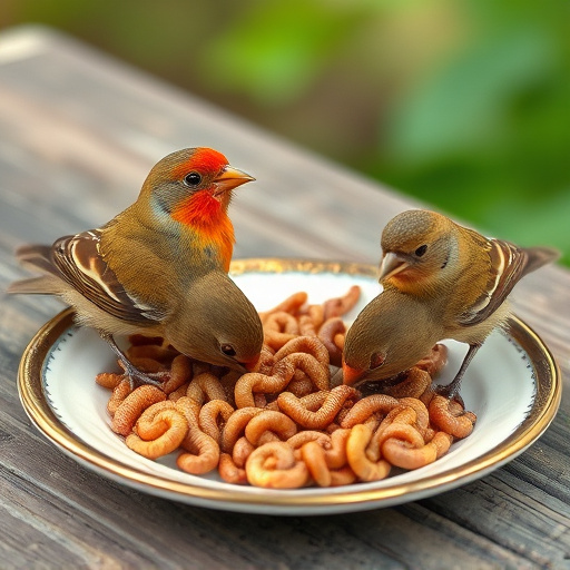 Birds eating mealworms on plate
