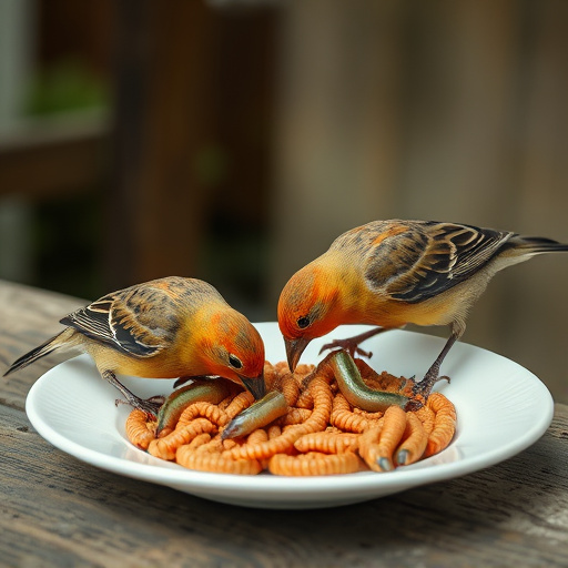 Birds eating mealworms on plate