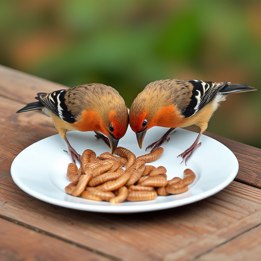 Birds eating mealworms on plate