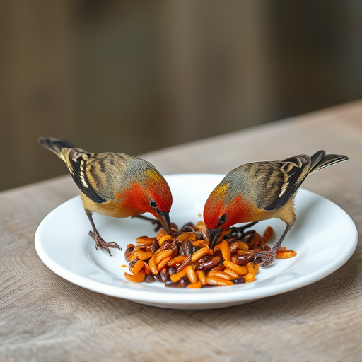 Birds eating mealworms on plate