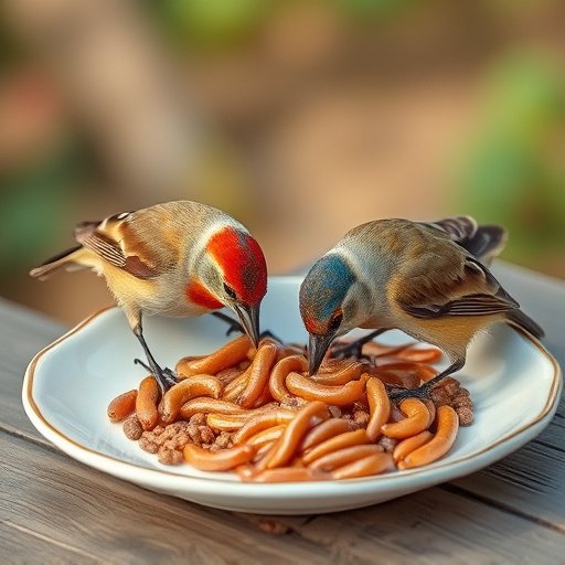 Birds eating mealworms on plate