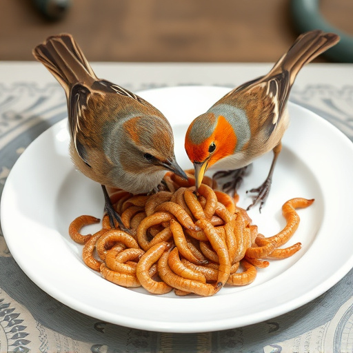 Birds eating mealworms on plate