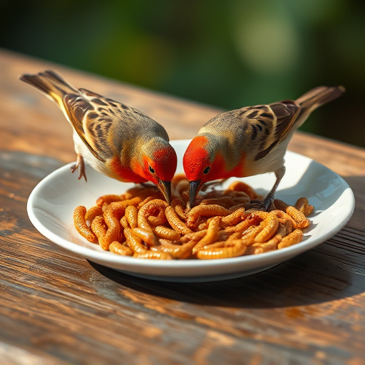 Birds eating mealworms on plate