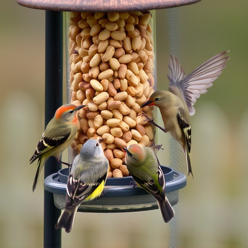 Birds eating peanuts from feeder