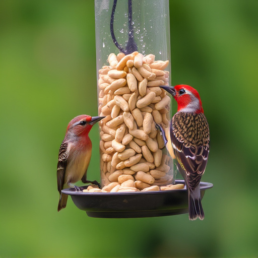 Birds eating peanuts from feeder