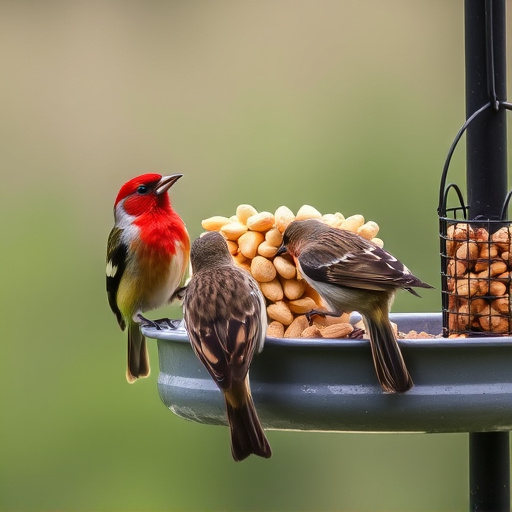 Birds eating peanuts from feeder