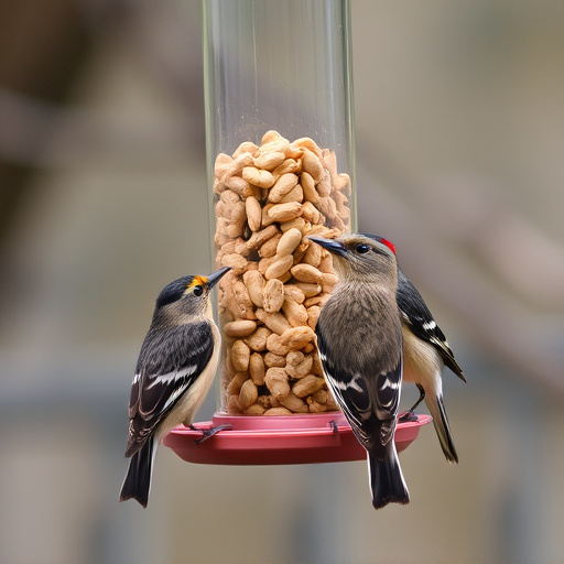 Birds eating peanuts from feeder