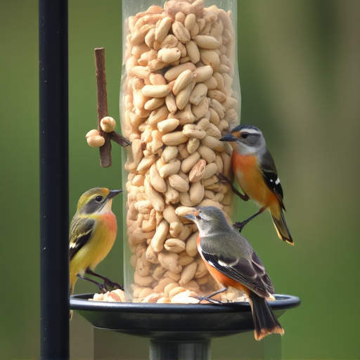 Birds eating peanuts from feeder